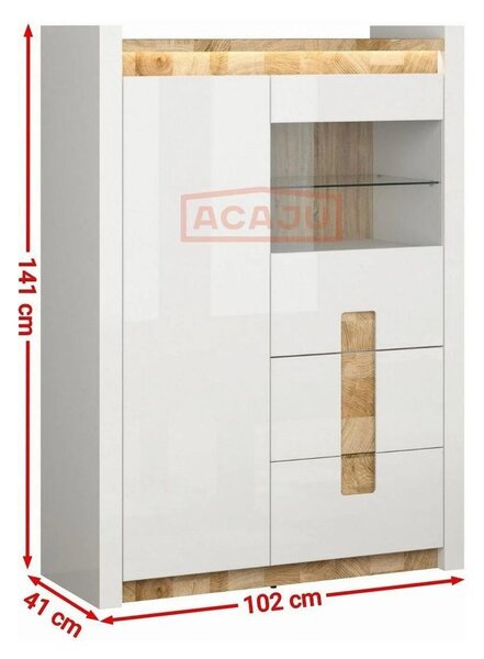 Vitrina ALAMEDA, alb/stejar, PAL/sticla securizata, 102x41x141 cm