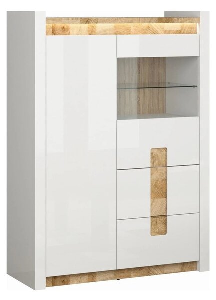 Vitrina ALAMEDA, alb/stejar, PAL/sticla securizata, 102x41x141 cm
