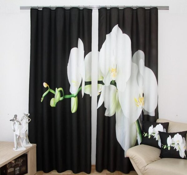 Draperie alb-negru cu o floare Lăţime: 160 cm | Lungime: 250 cm (într-un set de 2 bucăți)