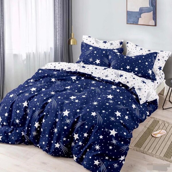 Lenjerie de pat, 2 persoane, finet, 6 piese, cu elastic, alb si albastru, cu stelute LEL46