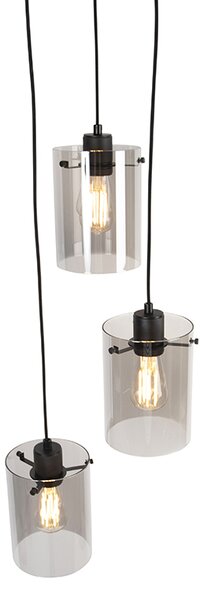 Lampă suspendată de design neagră cu sticlă fumurie cu 3 lumini - Dome