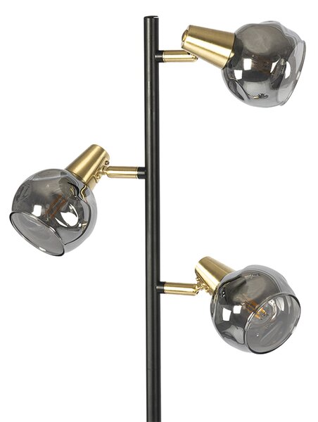 Lampă de podea Art Deco neagră și aurie cu sticlă fumurie cu 3 lumini - Vidro
