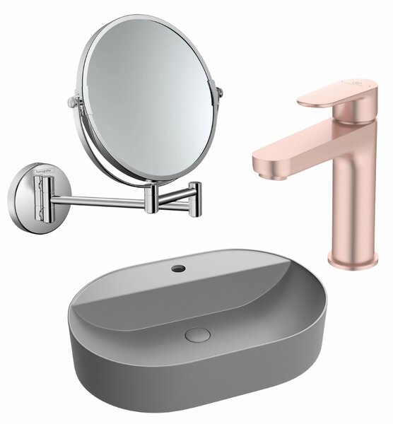 Set lavoar baie gri mat cu orificiu baterie, Foglia Maurice, baterie rose mat si oglinda cosmetica de baie crom