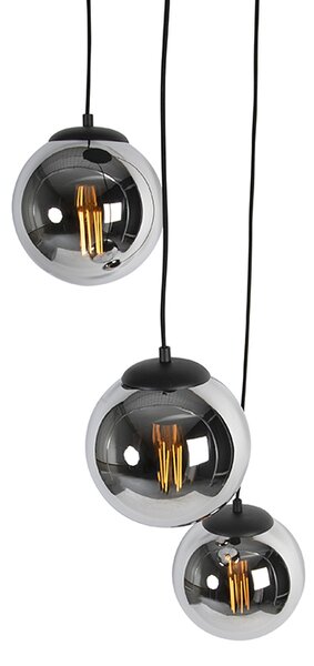 Lampă suspendată Art Deco neagră cu sticlă fumurie cu 3 lumini - Pallon