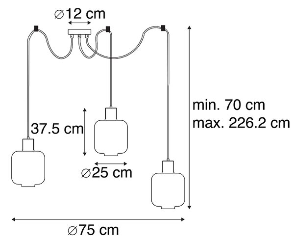 Lampă pendant de design neagră cu sticlă chihlimbar 3 lumini 226 cm - Qara