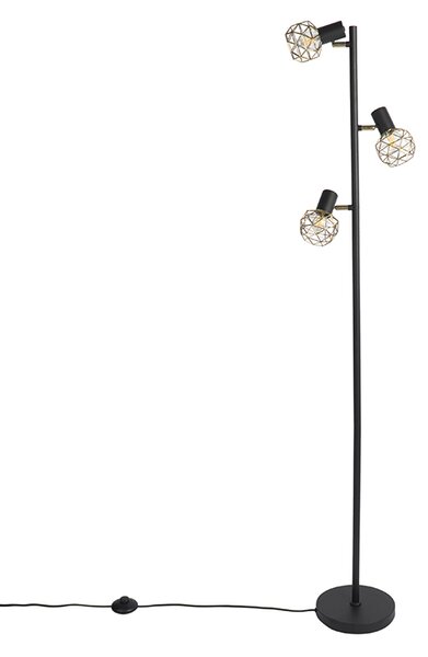 Lampa de podea de design neagră cu auriu cu 3 lumini reglabile - Mesh