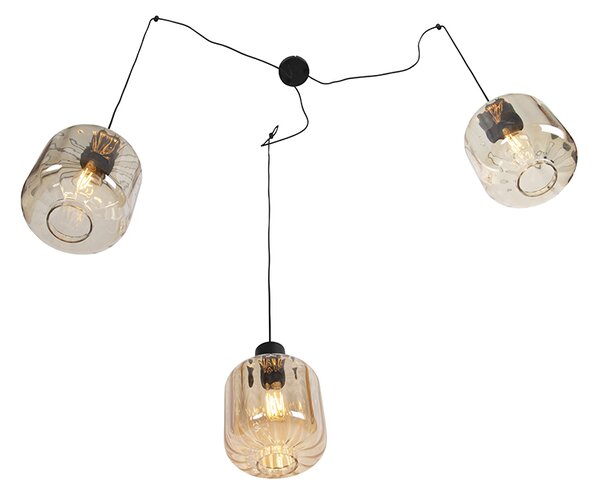 Lampă pendant de design neagră cu sticlă chihlimbar 3 lumini 226 cm - Qara