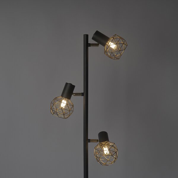 Lampa de podea de design neagră cu auriu cu 3 lumini reglabile - Mesh