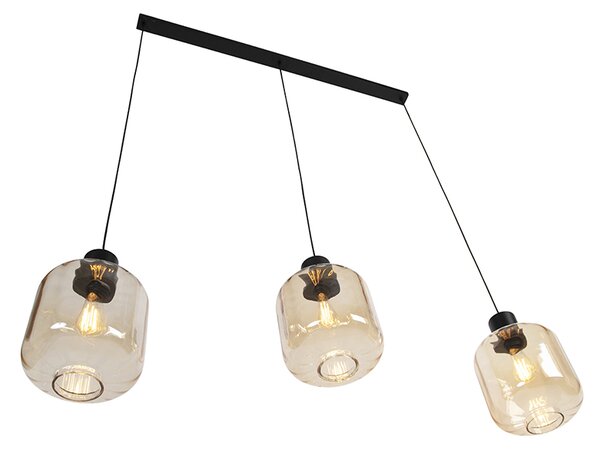 Lampă pendantă de design neagră cu sticlă chihlimbar 3 lumini 161,5 cm - Qara