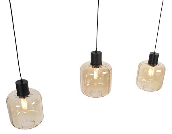 Lampă pendantă de design neagră cu sticlă chihlimbar 3 lumini 161,5 cm - Qara