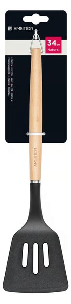 Spatula perforata cu maner lemn, plastic gri, Natural