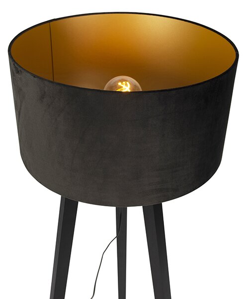 Lampă de podea cu trepied din lemn negru cu abajur negru 50 cm - Puros