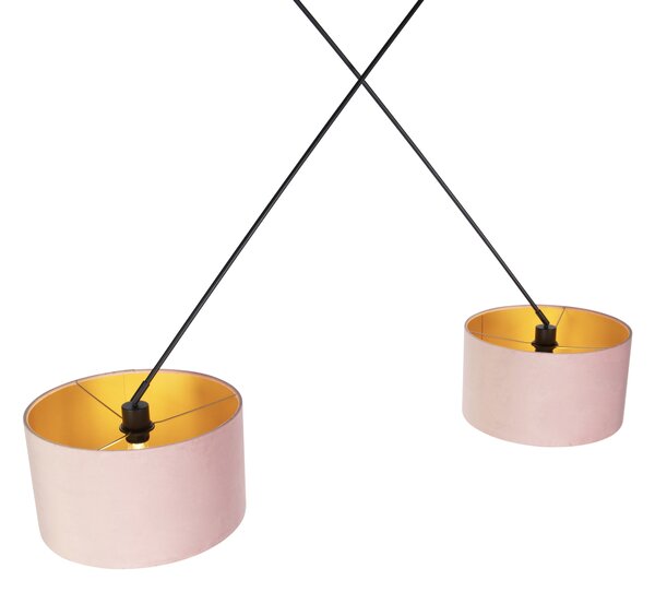 Lampă suspendată neagră cu abajururi din catifea roz și auriu 35 cm cu 2 lumini - Blitz