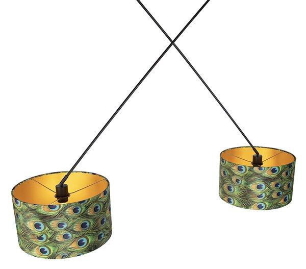 Lampă suspendată neagră cu abajururi din catifea paun cu auriu 35 cm 2 lumini - Blitz