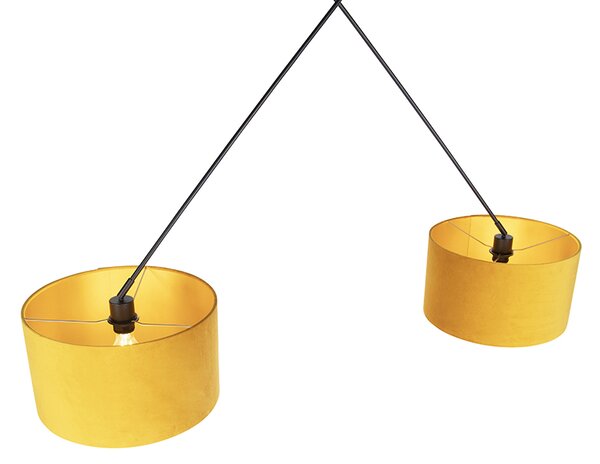 Lampă suspendată neagră cu abajururi din catifea ocru cu auriu 35 cm - Blitz
