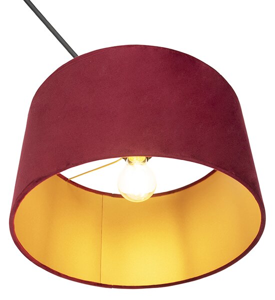 Lampă suspendată neagră cu abajur din catifea roșie cu aur 35 cm - Blitz