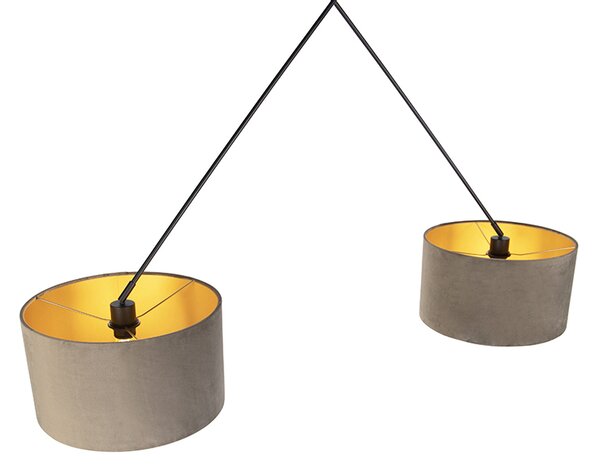 Lampă suspendată neagră cu abajururi din catifea taupe cu auriu 35 cm 2 lumini - Blitz