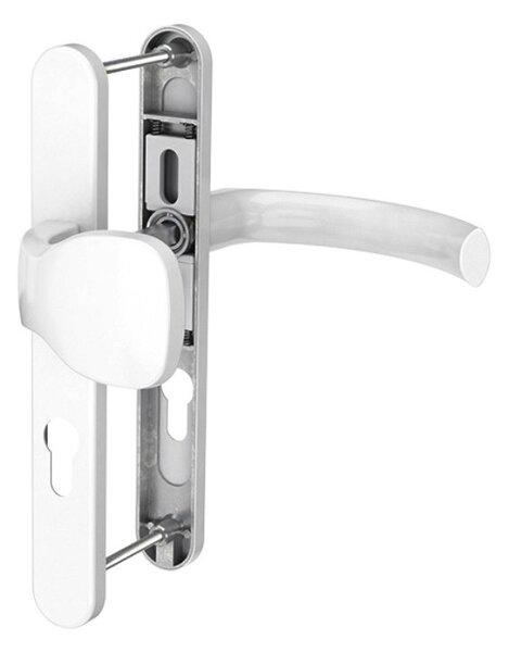 Maner pentru usa PVC, Jowisz, cu sild si buton exterior fix, cu arc, material aluminiu, culoare alb RAL 9016, 92 x 32 mm