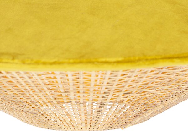 Lampă suspendată rustică cu catifea galbenă și ratan 60 cm - Frills Can