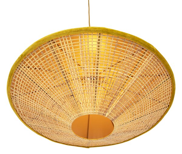 Lampă suspendată rustică cu catifea galbenă și ratan 60 cm - Frills Can