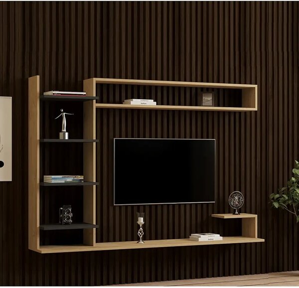 Comoda tv pentru perete cu raft, culoare nuc si antracit 180 cm