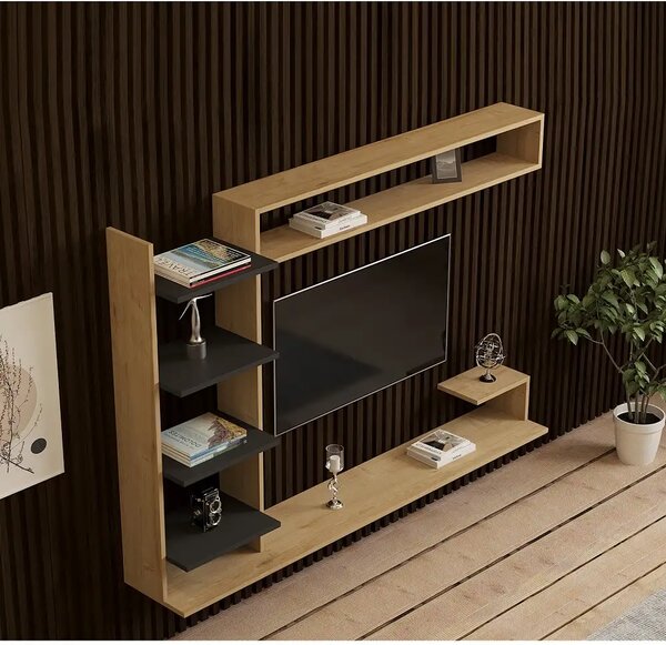 Comoda tv pentru perete cu raft, culoare nuc si antracit 180 cm