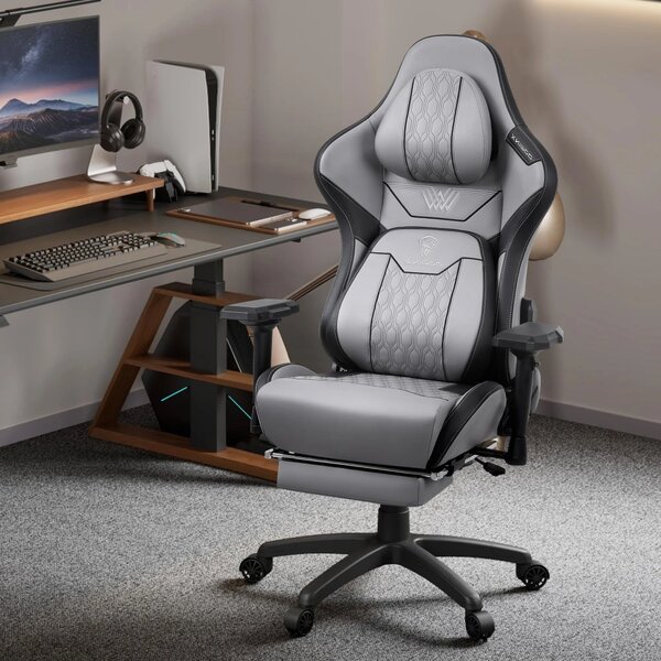 DOWINX Scaun gaming, ergonomic, spătar înalt, tetiera confortabilă, suport lombar, cotiere 4D, suport picioare, rezistent 150 kg, piele PU, Gri