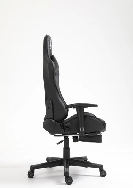 Scaun gaming cu masaj in perna lombara, sezut benzi elastice sustinere suplimentara, suport picioare, funcție sezlong, Negru