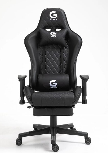 Scaun gaming cu masaj in perna lombara, sezut benzi elastice sustinere suplimentara, suport picioare, funcție sezlong, Negru