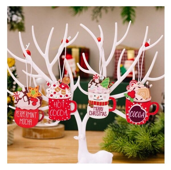 Set decoratiuni de Craciun din lemn HOT DRINKS, 12 buc