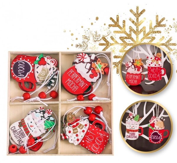 Set decoratiuni de Craciun din lemn HOT DRINKS, 12 buc