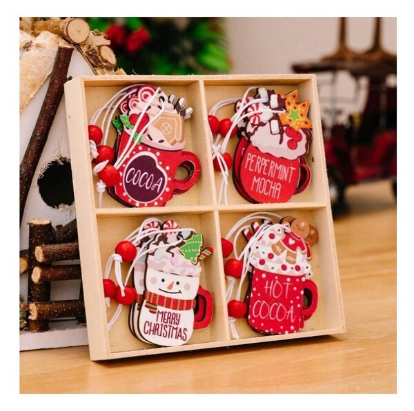 Set decoratiuni de Craciun din lemn HOT DRINKS, 12 buc