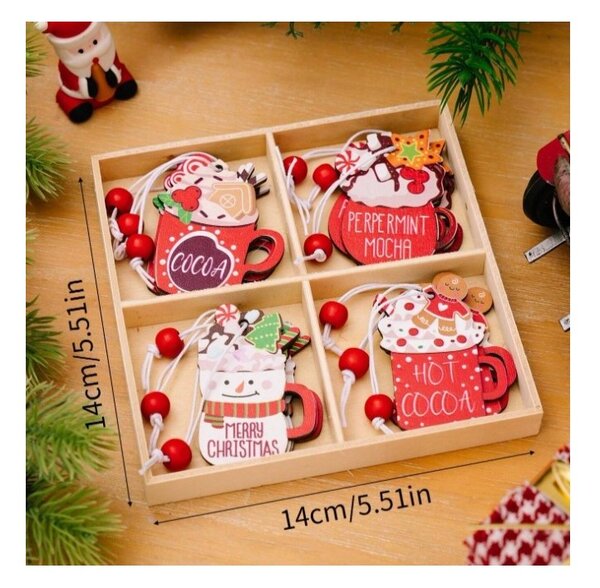 Set decoratiuni de Craciun din lemn HOT DRINKS, 12 buc