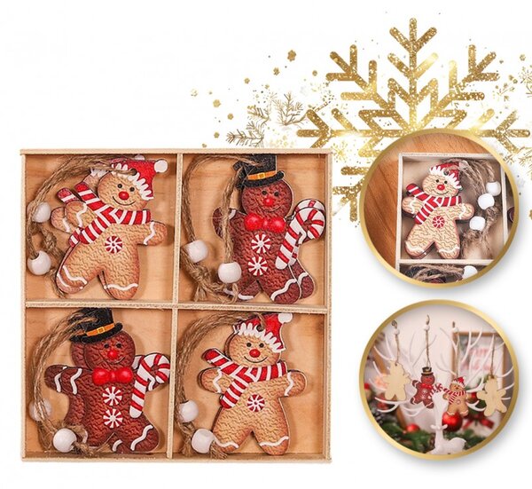 Set decoratiuni de Craciun din lemn GINGERBREAD, 12 buc