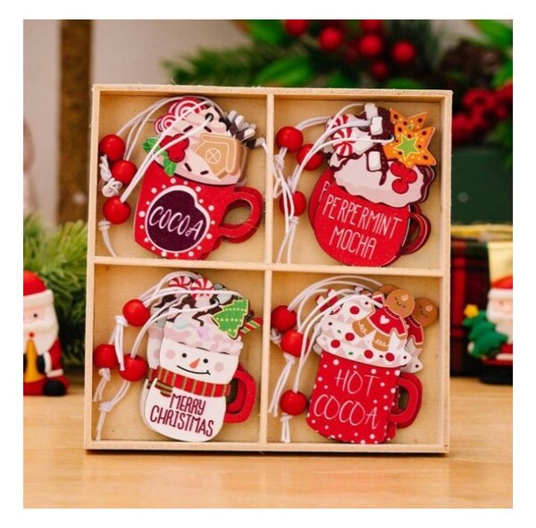 Set decoratiuni de Craciun din lemn HOT DRINKS, 12 buc
