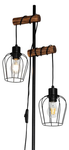 Lampă de podea rustică neagră cu lemn 2 lumini - Stronk