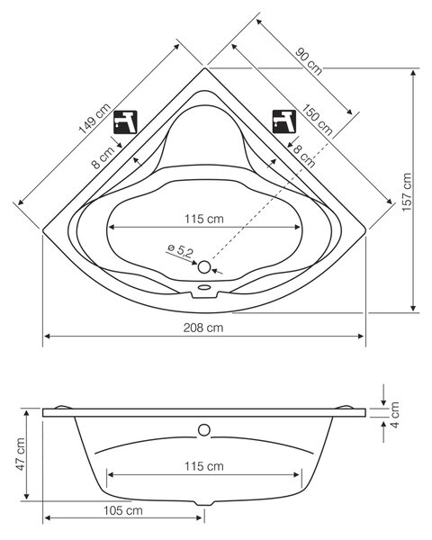 Aqualine Aqualine, cada coltar DUNAJ II 150x150x48 cm fara picioare, alba, G1350