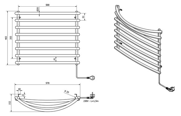 Aqualine Aqualine, Uscător de prosoape electric, 570x465 mm, 72 W, aluminiu gri - metalic (RAL9007), SU210A