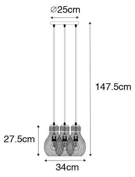Lampă pendant de design neagră cu 3 lumini - Raga