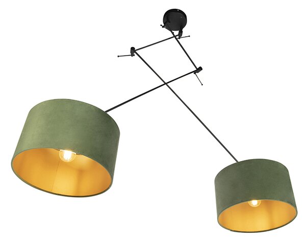 Lampă suspendată neagră cu abajururi din catifea verde și auriu 35 cm cu 2 lumini - Blitz