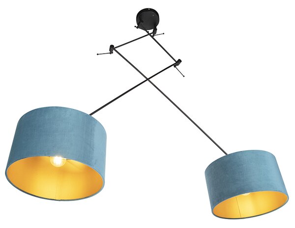 Lampa suspendată neagră cu abajururi de catifea albastru și auriu 35 cm cu 2 lumini - Blitz
