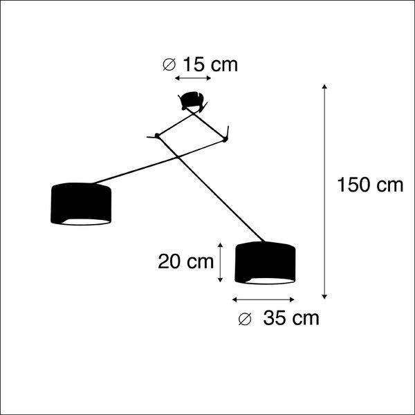 Lampa suspendată neagră cu abajururi de catifea albastru și auriu 35 cm cu 2 lumini - Blitz