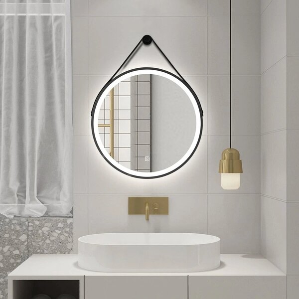 Aqualine Aqualine, oglinda rotunda STAGO cu iluminare LED, diametru 60cm, curea din piele, senzor tactil, reglabila, negru mat, SG060