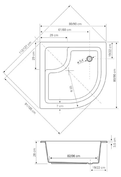 Aqualine Aqualine, Cadă de duș din acril, sfert de cerc 90x90x28cm inclusiv picioare, R550, C93