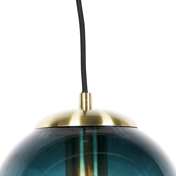 Lampă suspendată Art Deco din alamă cu sticlă albastră ocean 20 cm - Pallon