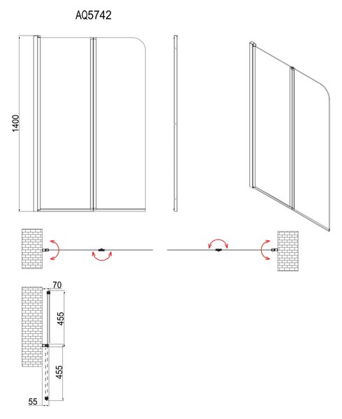 Aqualine Aqualine, paravan de baie WILA 900x1400 mm, pliabil, negru, sticla transparenta, AQ5742B