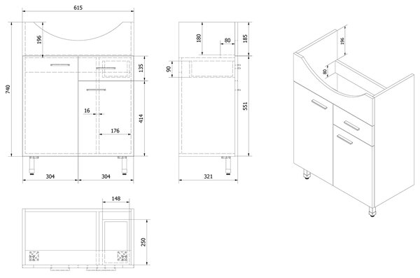 Aqualine Aqualine, dulap lavoar ZOJA 61,5x74x32cm, 2x usi, 1x sertar, alb, 51065A