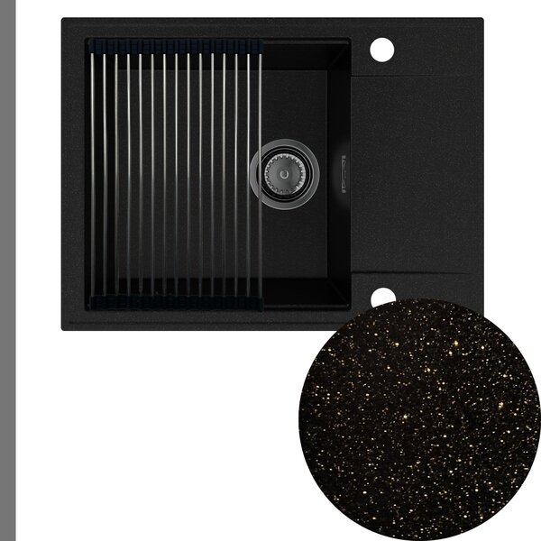 Chiuvetă de bucătărie Sink Quality Sink55, granit 620x460x215 mm + sifon grafit, negru cu puncte aurii, SKQ-SINK.L.1KKO.XB