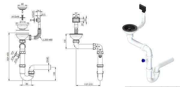 Chiuvetă de bucătărie Sink Quality Sink55, granit 680x460x215 mm + sifon grafit, gri, SKQ-SINK.D.1KDO.XB