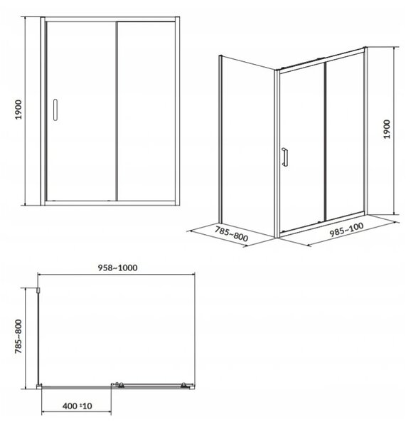 Cersanit Arteco, cabină de duș cu ușă glisantă 100 (uşă) x 80 (perete) x 190 cm, sticlă transparentă 5 mm, profil cromat, S157-011